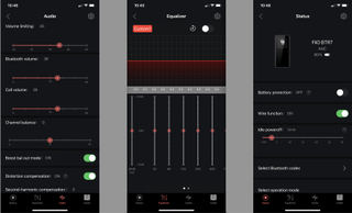 Fiio BTR7: three screen grabs from the Fiio Connect app, showing the EQ tabs
