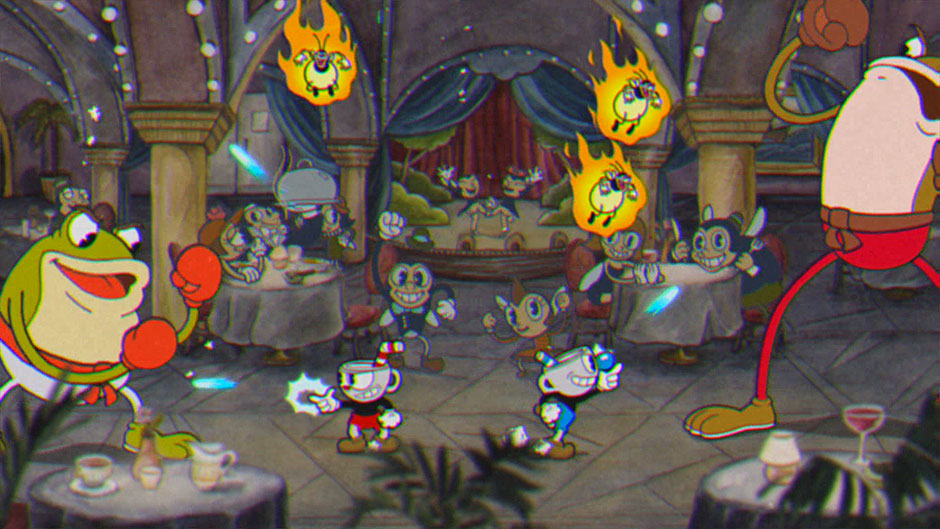 Cuphead characters battling enemies in a castle