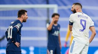 PSG's Lionel Messi and Real Madrid's Karim Benzema in the teams' Champions League last-16 clash at the Santiago Bernabeu.