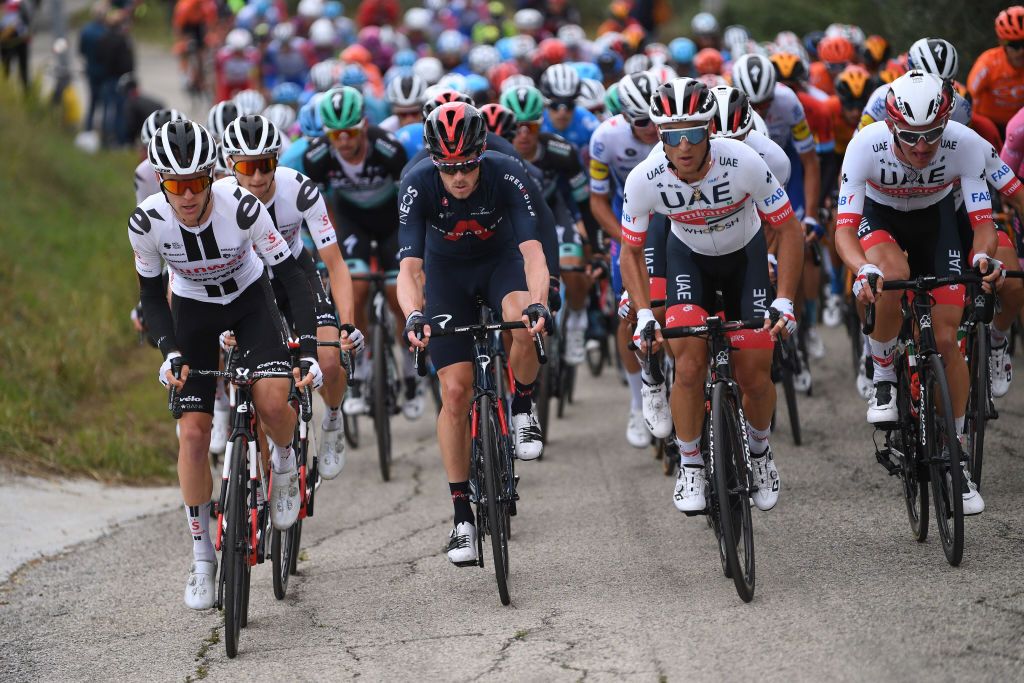 TORTORETO ITALY OCTOBER 13 Wilco Kelderman of The Netherlands and Team Sunweb Jai Hindley of Australia and Team Sunweb Rohan Dennis of Australia and Team INEOS Grenadiers Valerio Conti of Italy and UAE Team Emirates Mikkel Bjerg of Denmark and UAE Team Emirates during the 103rd Giro dItalia 2020 Stage 10 a 177km stage from Lanciano to Tortoreto girodiitalia Giro on October 13 2020 in Tortoreto Italy Photo by Tim de WaeleGetty Images