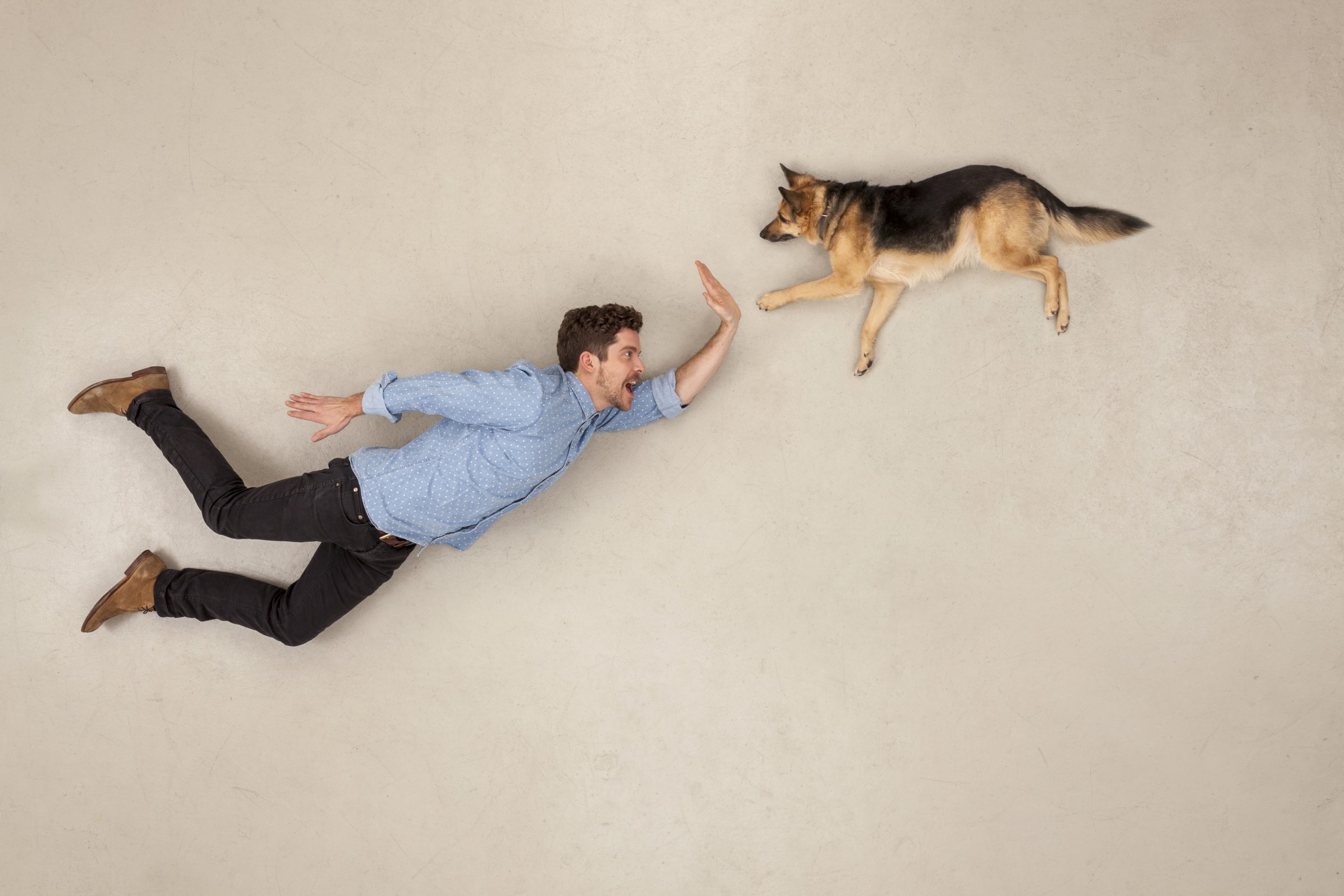man and dog flying in a dream