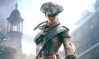 Assassin's creed Liberation protagonist facing camera, wearing tricorn, out of focus colonial city in background