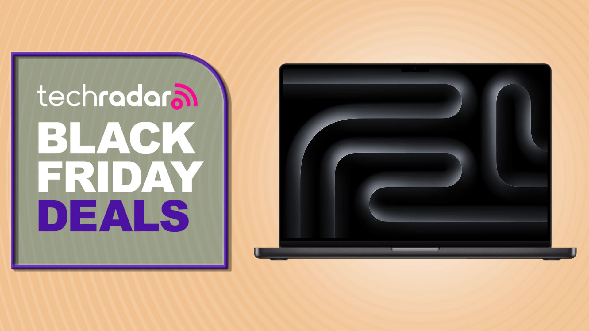 An Apple MacBook Pro against an orange TechRadar deals background