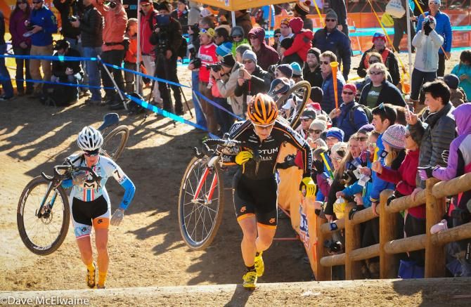 Crystal Anthony (Optum Pro Cycling) leading Nicole Duke on the big set of stairs