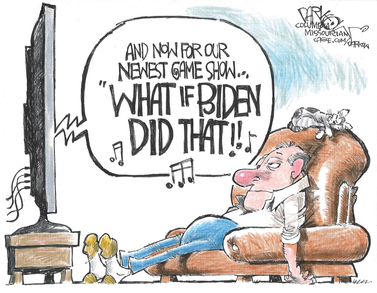 
                                An exhausted man sits in his chair watching television with a cat snoozing behind him on top of the chair. A voice from the screen says, “And now for our newest game show…’What if Biden Did That!!’”
                            