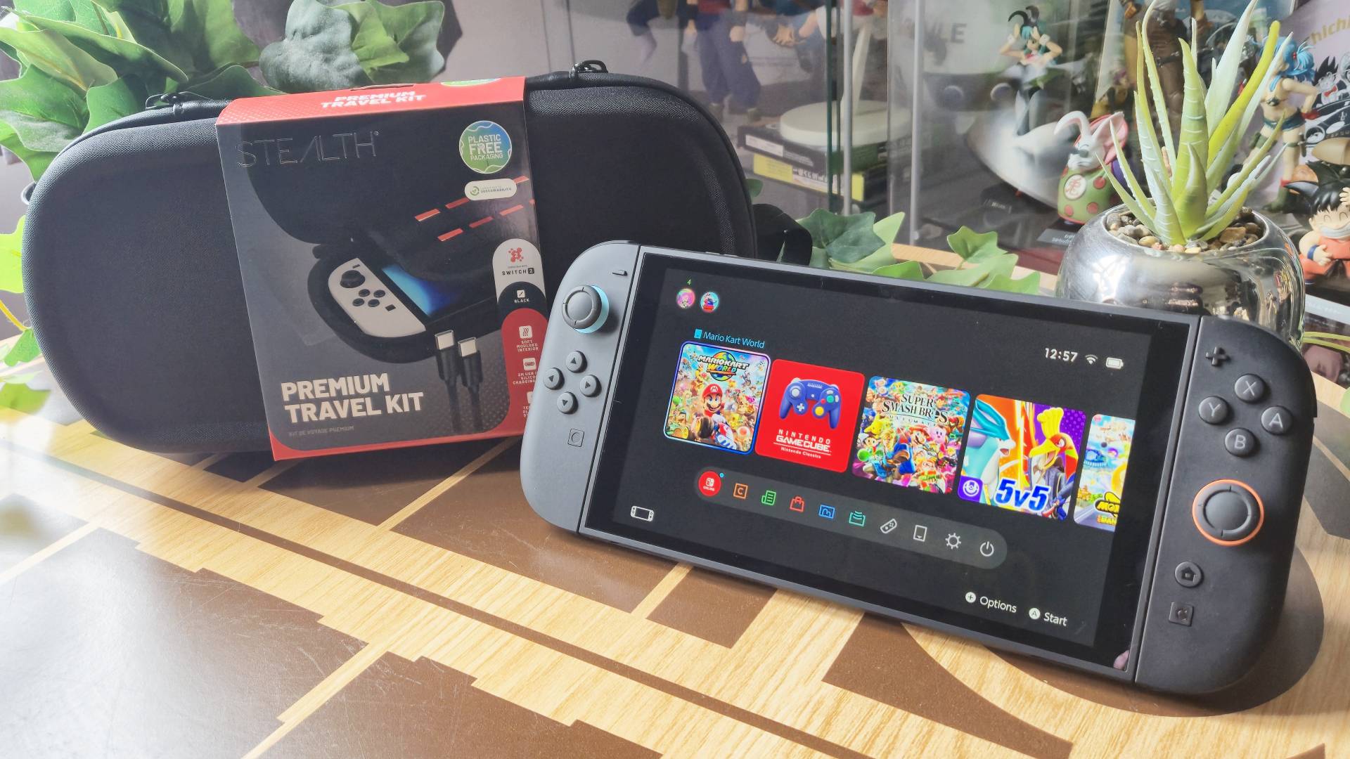 Photo by Rosalie Newcombe of the Switch 2 sitting in front of the STEALTH Premium Travel Case.