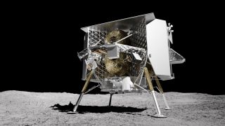 Graphic illustration of the Peregrine lander on the moon, four legs support the lander which is colored gray, gold and white.