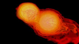 An illustration of two neutron stars colliding before releasing a kilonova explosion.
