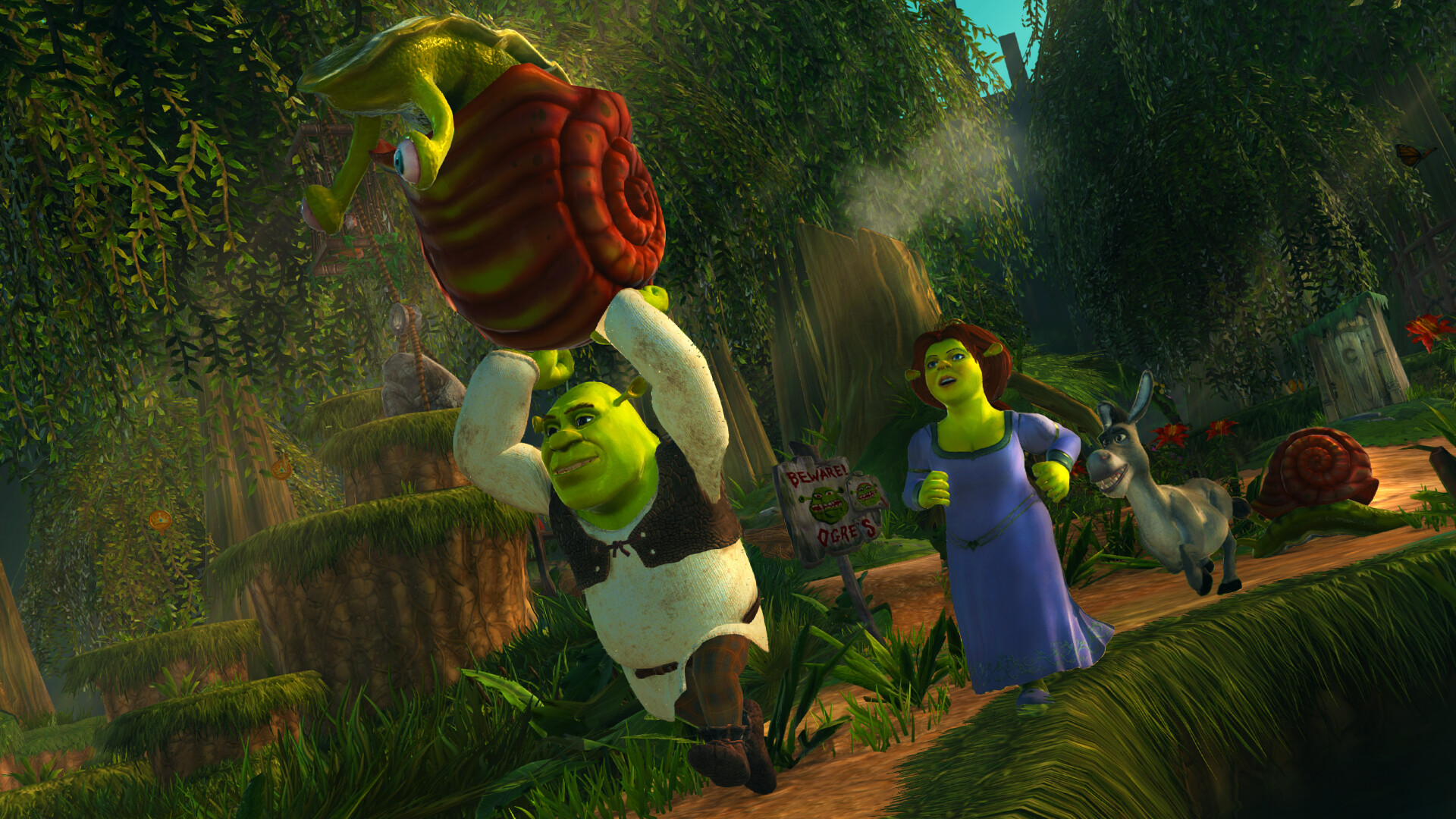 In the swamp, Shrek carries a large snail above his head while ogre Fiona and Donkey follow behind in the Shrek 2 Remastered video game