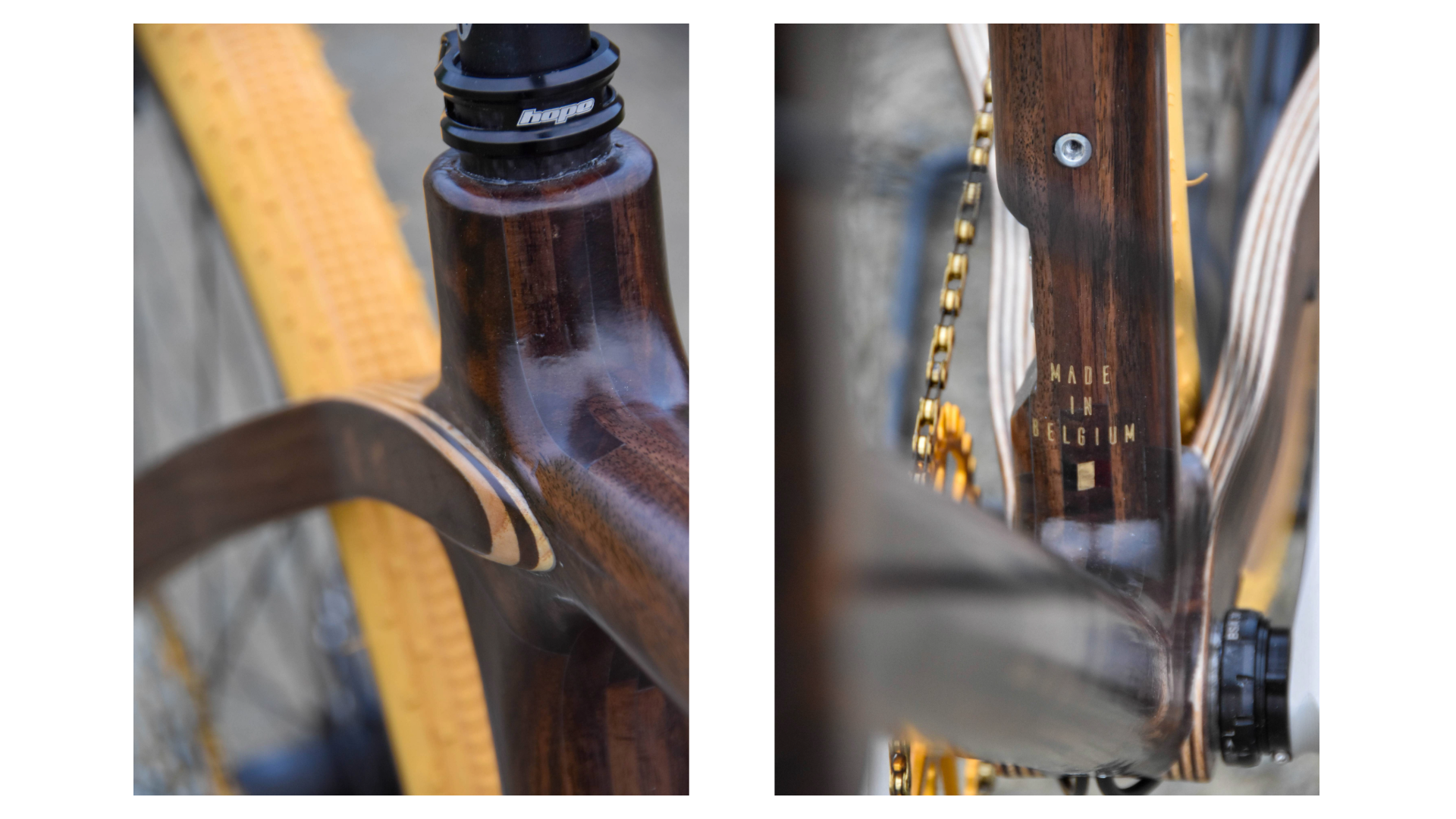 Photos of a wooden bike up close