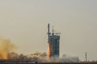 Liftoff of a Long March 4C rocket from China's Jiuquan Satellite Launch Center carrying the Gaofen 3 (03) satellite on April 6, 2022. 