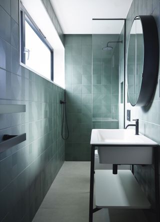 small bathroom layout ideas monochrome washstand blue tiles
