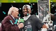 Eagles quarterback Jalen Hunt celebrates Super Bowl LIX victory