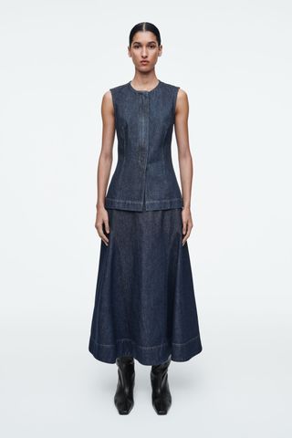 Raw Denim A-Line Midi Skirt