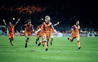 Ronald Koeman and his Barcelona team-mates celebrate the Dutchman's winning goal in the 1992 European Cup final against Sampdoria at Wembley.