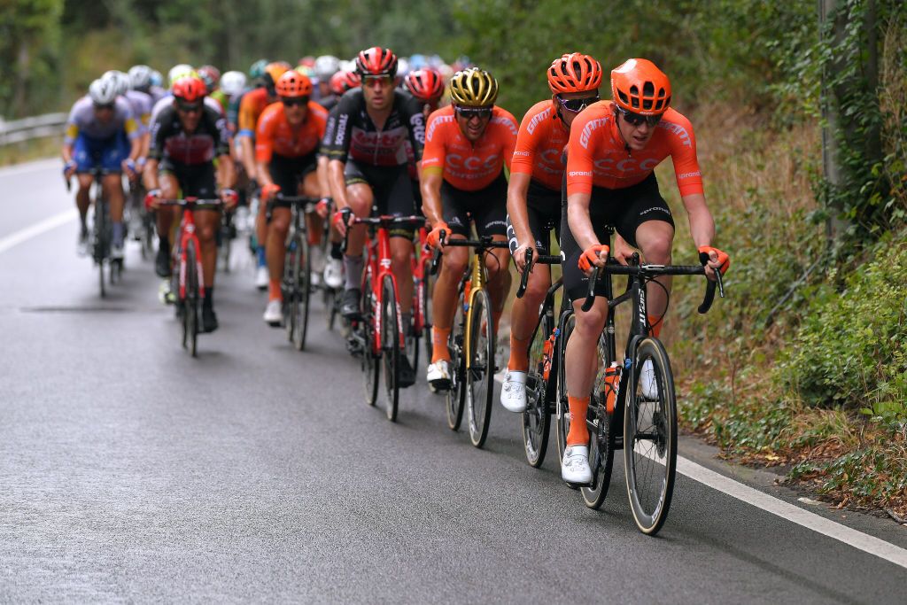 VISE BELGIUM AUGUST 18 Nathan Van Hooydonck of Belgium and CCC Team Jonas Koch of Germany and CCC Team Greg Van Avermaet of Belgium and CCC Team Peloton during the 41st Tour de Wallonie 2020 Stage 3 a 192km stage from Montzen to Vise TourdeWallonie TRW2020 on August 18 2020 in Vise Belgium Photo by Luc ClaessenGetty Images