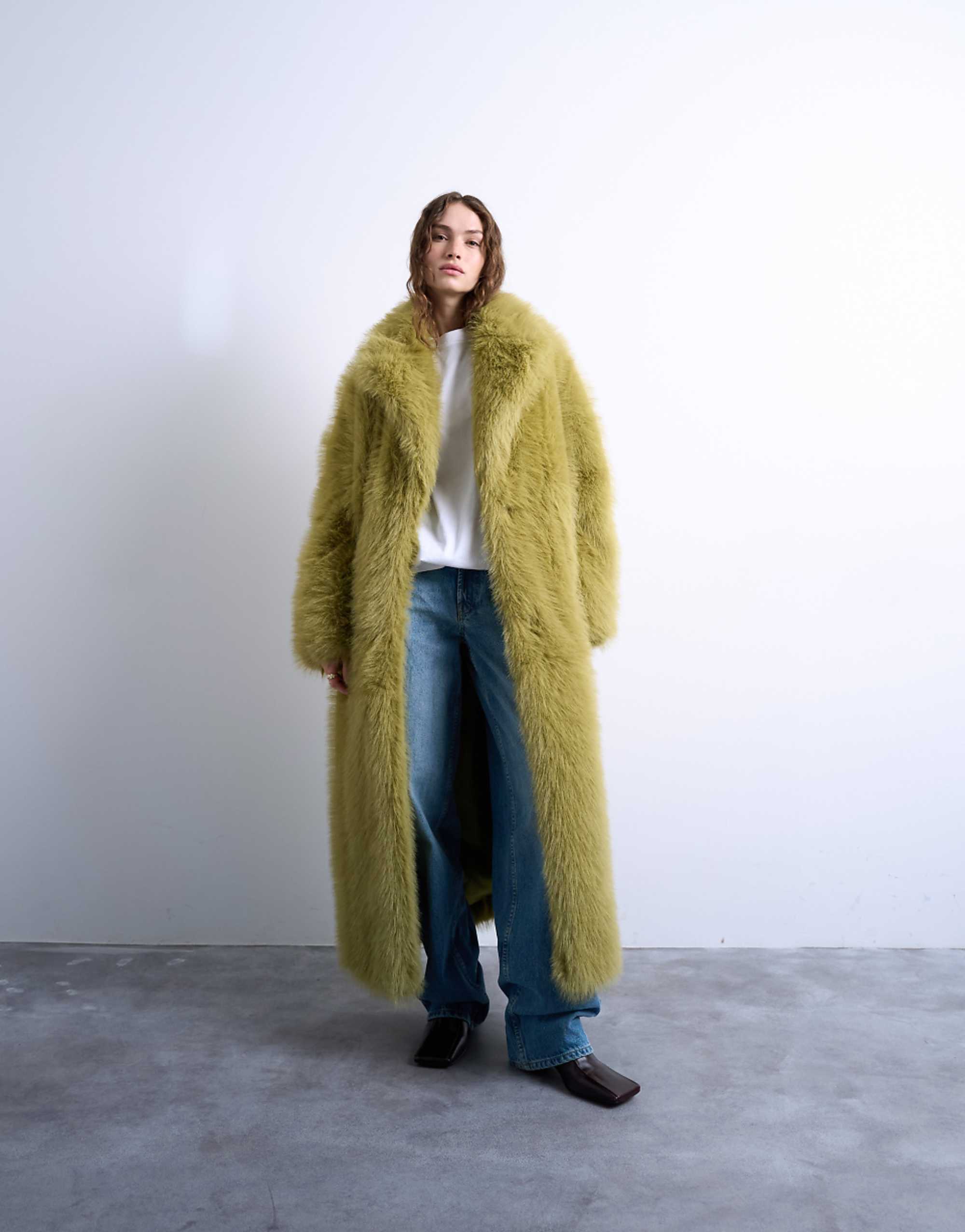 Topshop Faux Fur Super Long Coat in Green