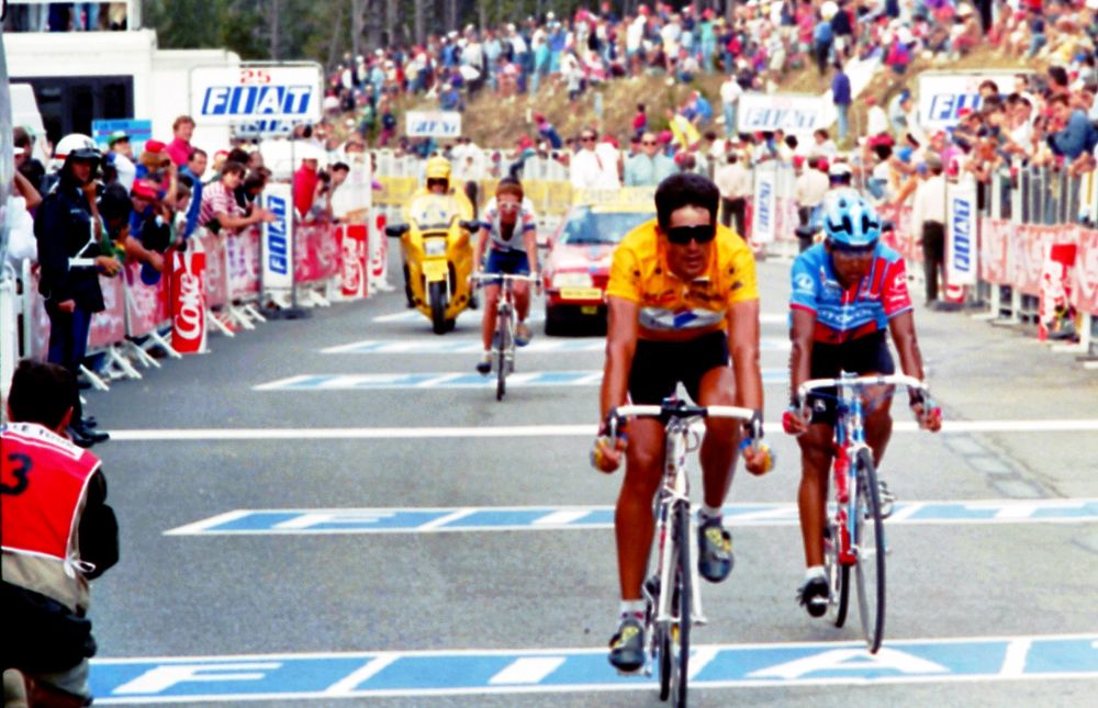 Alvaro Mejia follows Miguel Indurain over the line at the 1993 Tour de France