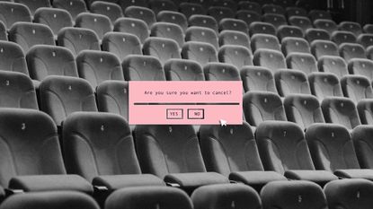 A computer generated image which depicts a pink promt text box with the words, are you sure you want to cancel being asked, there is a cursor hovering over the yes and no buttons, this is overlayed on a balck and white image of an empty auditorium