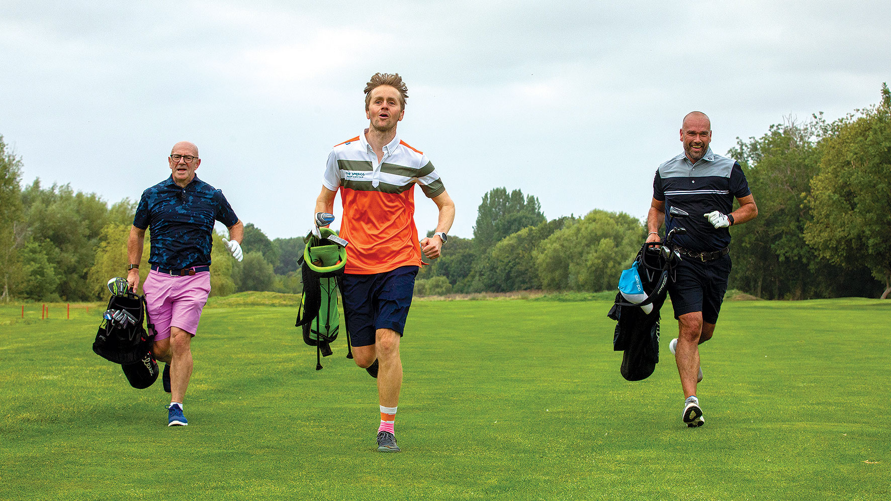 Three golfers playing speedgolf and running on the golf course answering the question of whether fast golfers are also selfish