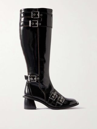 Feminine Buckled Faux Patent-Leather Knee Boots