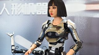 A humanoid robot is on display during 2024 World Robot Conference at Beijing Etrong International Exhibition & Convention Center.