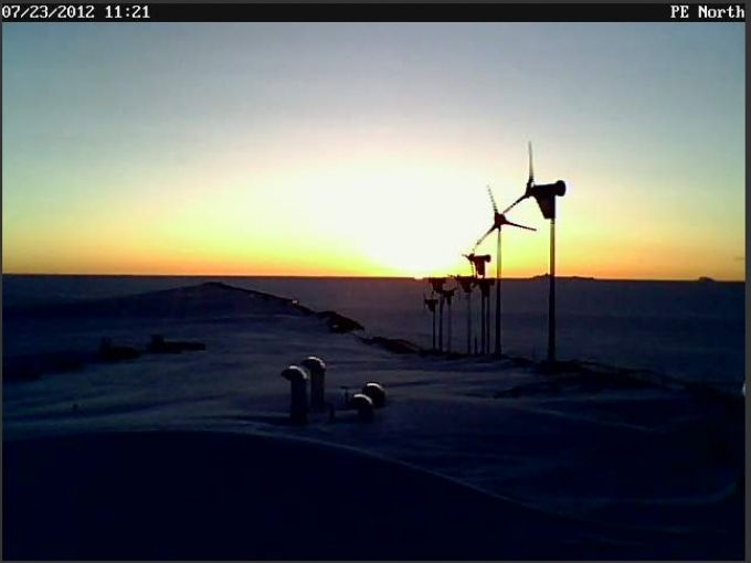 The first sunrise of 2012 summer season at Belgian Antarctic station.