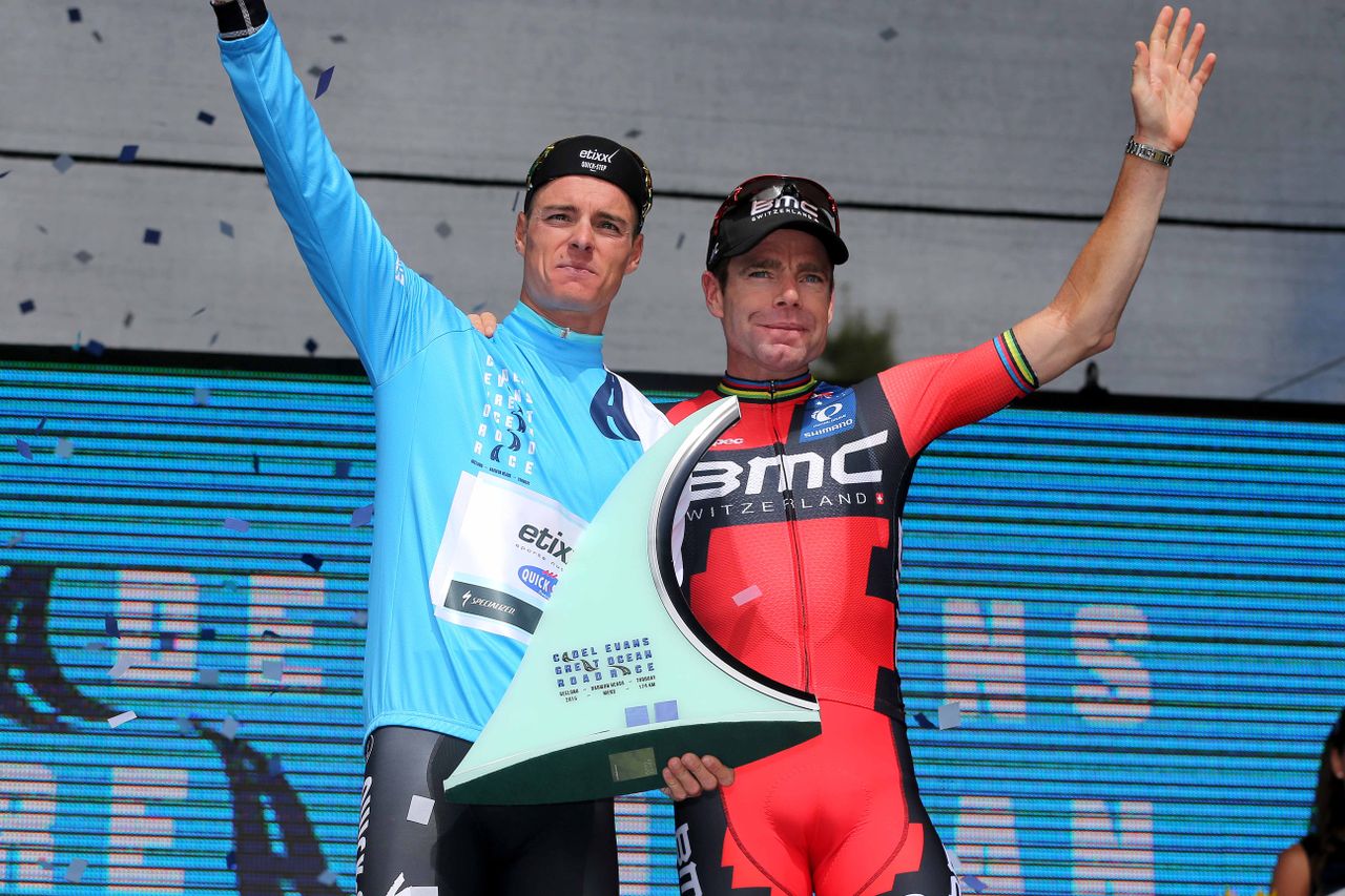 Cadel Evans (BMC) with race winner Gianni Meersman (Etixx-Quick Step)