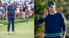 Keegan Bradley lines up a putt whilst Justin Rose does AimPoint