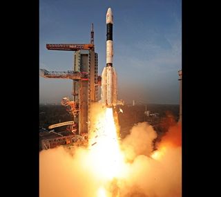 A remote camera near the launch pad captured this view of the Indian Geosynchronous Satellite Launch Vehicle's liftoff on Jan. 5, 2014.