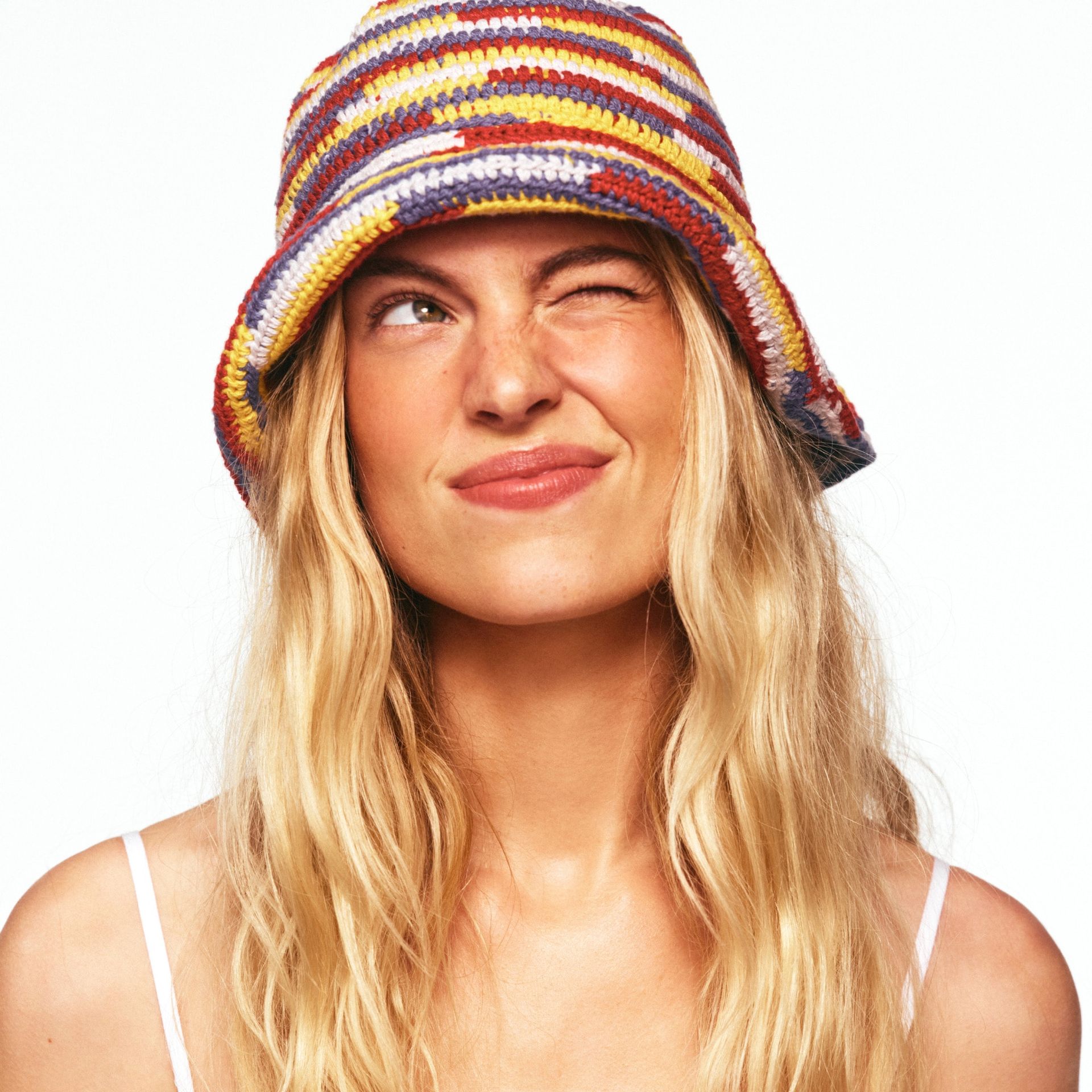 Wide-Brim Crochet Bucket Hat in Striped Cotton