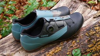 Suplest Mountain Performance shoes on a log showing the heel of the shoe