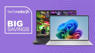 Dell XPS 13 and Alienware M16 laptops on purple background with big savings text overlay