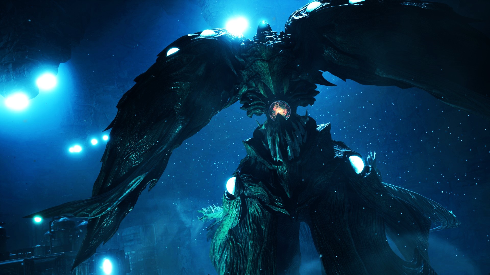 A towering green monster covered in orbs swimming under the sea hunting for its prey.