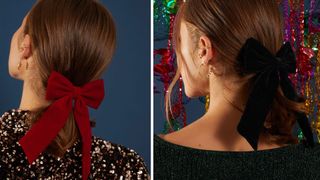 Two side by side shots of two models wearing hair bows - one in black, one in red velvet