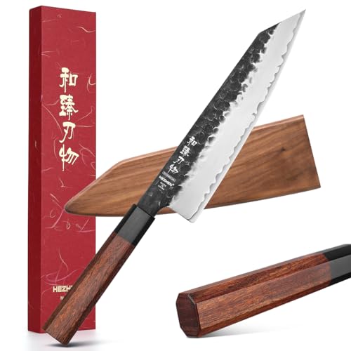 Hezhen- 8.5&amp;rdquo; Chef Knife, 3 Layers High Carbon Clad Steel Kiritsuke Knife, Composite Forging Steel, Professional Japanese Kitchen Knife, Redwood Octagonal Handle With Wooden Knife Sheath