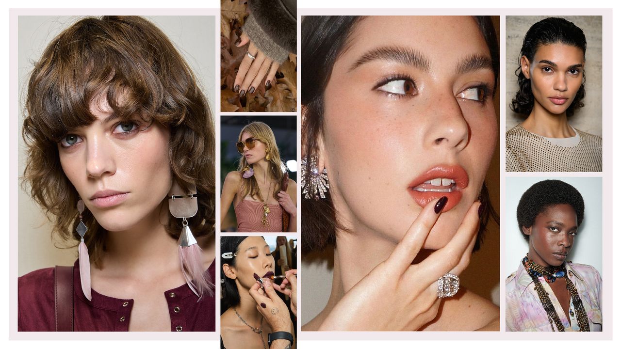 Models showcasing the best beauty trends 2025, including stripped-back &#039;70s, coffee tones, finishing touches and more