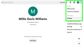 How to delete a Pinterest account - a screenshot of the Pinterest home page with the "settings" option selected in the menu