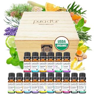 Pura D'or Organic Sweet16 Essential Oils Set with a wooden box 