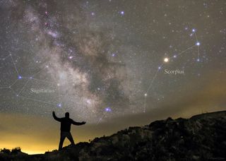 Annotated version of night sky photo over the Azores, Portugal, on May 4, 2014, showng constellations Sagittarius and Scorpius.