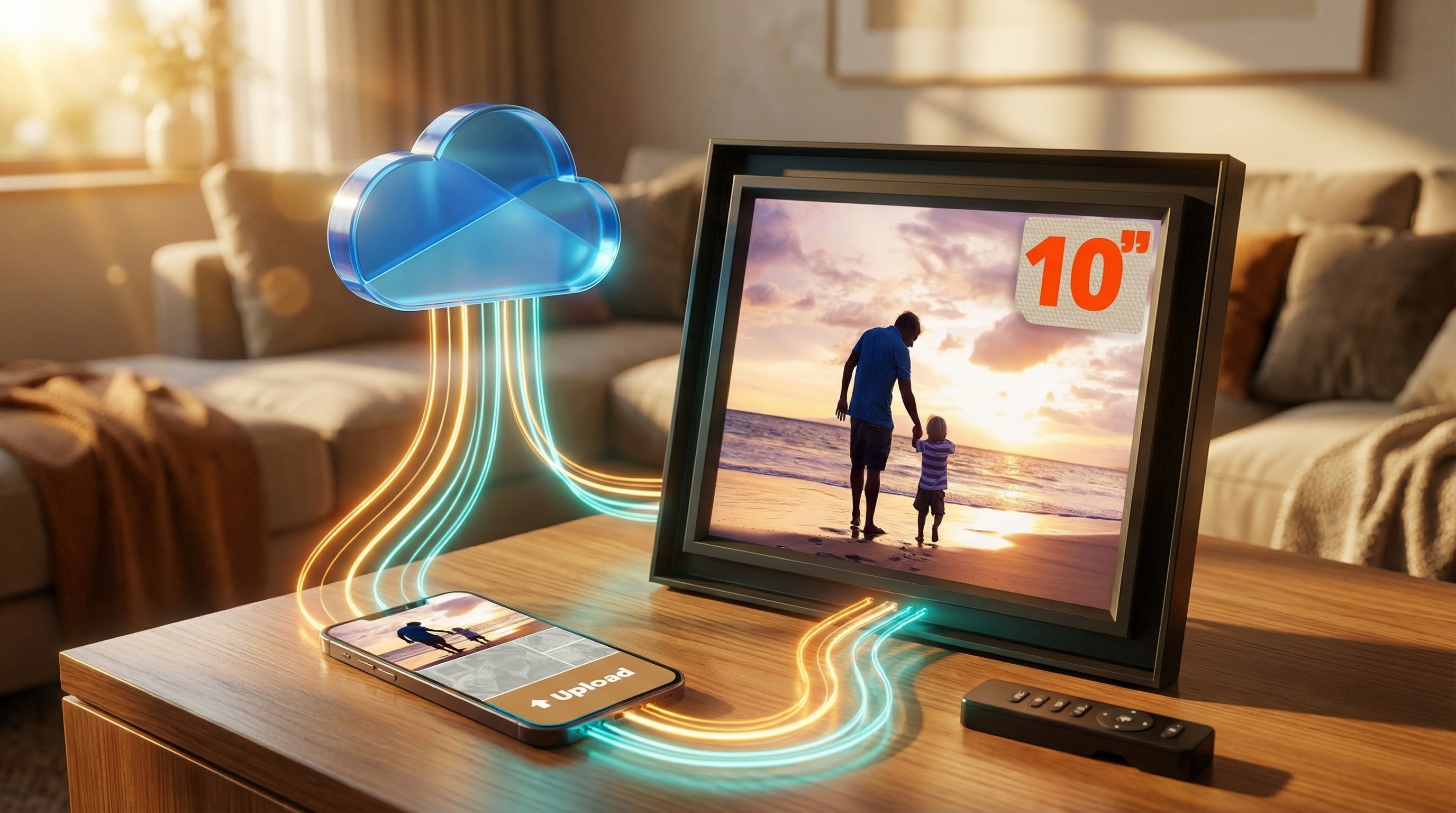 Graphic of Pix-Star photo frame syncing images through OneDrive