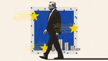 Illustration of Mario Draghi with a map of Europe