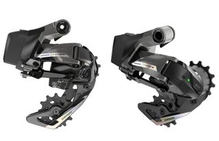 Image shows redesigned SRAM Force AXS rear mech from two different angles