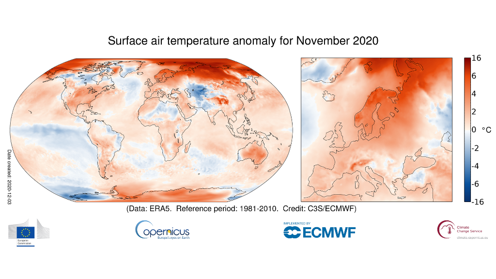 This heat map shows how surface air temperature for November 2020 compares with the November average for the period 1981-2010.