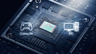 Mockups showing a divide between PC and gaming console dissolving around a chip.