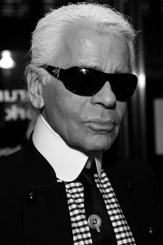 Black and white close up photograph of Karl Lagerfeld