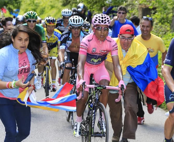 Nairo Quintana shows his only moment of panic of the entire Giro d'Italia after being nearly taken out by a spectator