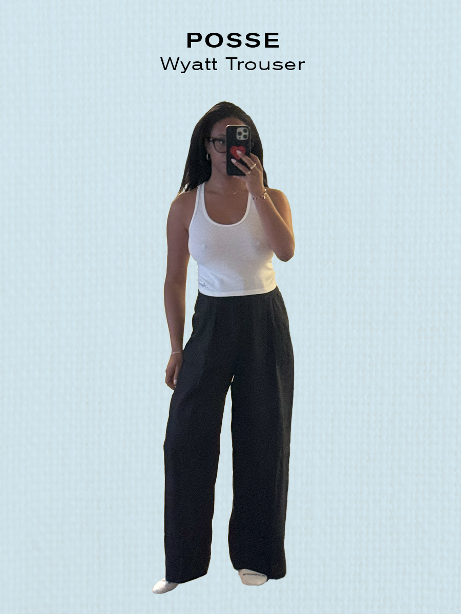 sierra mayhew in linen pants.