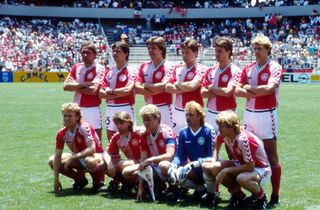 The Denmark team line up for a photo ahead of their group match against West Germany at the 1986 World Cup