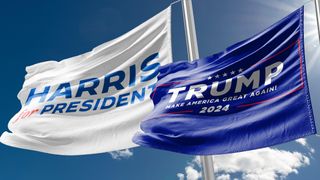 Harris for President and Trump Make America Great Flags 2024 waving 